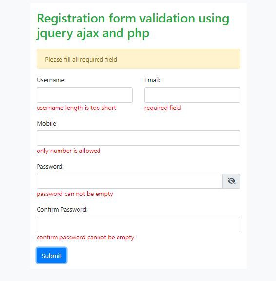 Form validation using jquery ajax and PHP, MYSQL.